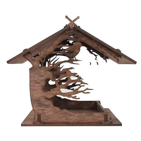 HKM-408723 Small Wooden Outdoor Bird Feeder for Gardens - Carbonized and Natural Colors Available