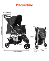 HKM-4087741 Foldable 3-Wheel Pet Stroller with Brake for Small Dogs and Cats, Up to 35lbs, Travel-Friendly Design
