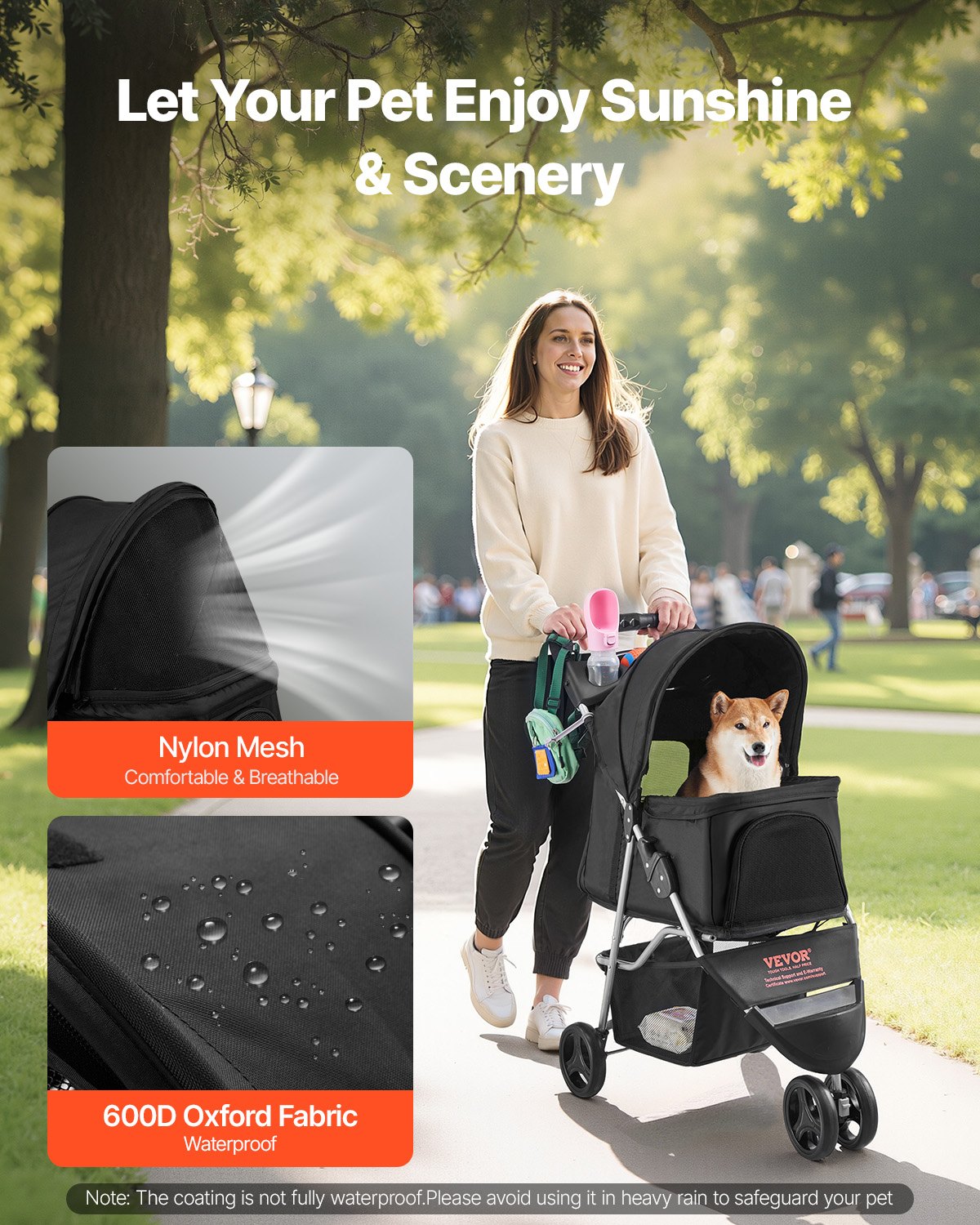 HKM-4087741 Foldable 3-Wheel Pet Stroller with Brake for Small Dogs and Cats, Up to 35lbs, Travel-Friendly Design