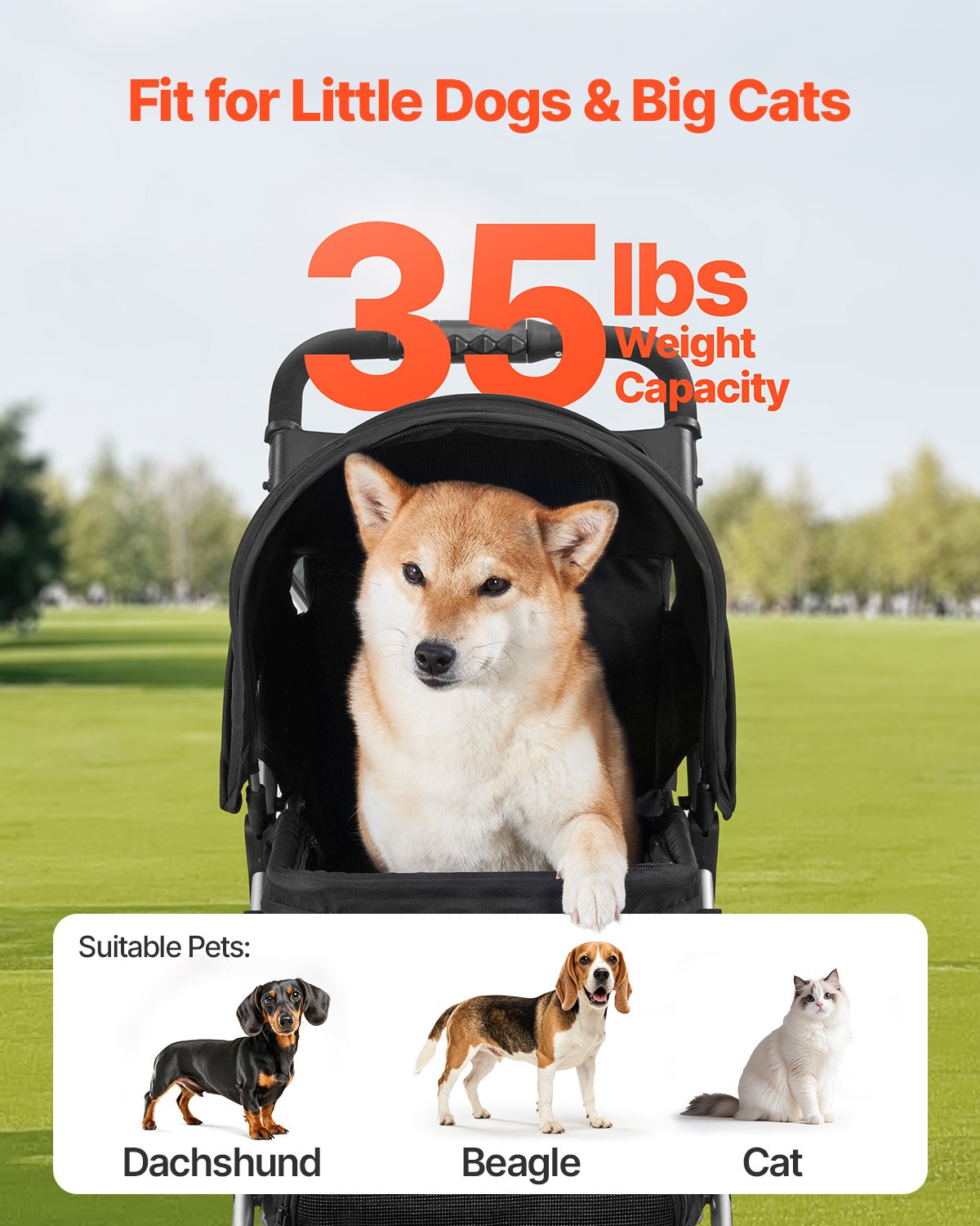 HKM-4087741 Foldable 3-Wheel Pet Stroller with Brake for Small Dogs and Cats, Up to 35lbs, Travel-Friendly Design