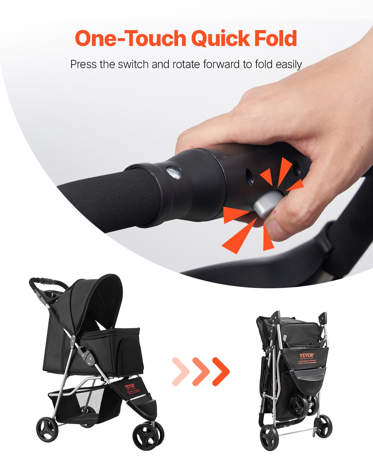 HKM-4087741 Foldable 3-Wheel Pet Stroller with Brake for Small Dogs and Cats, Up to 35lbs, Travel-Friendly Design