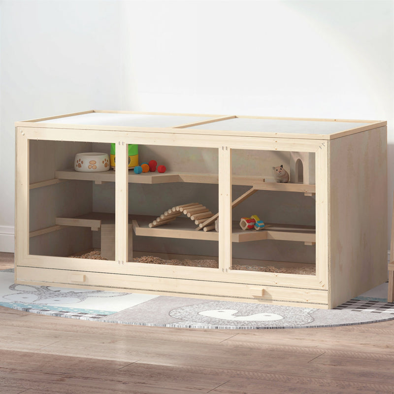HKM-4089149 Extra Large 45" Wooden Hamster Cage with Multi-Tier Levels, Opening Roof, and PVC Window for Small Animals