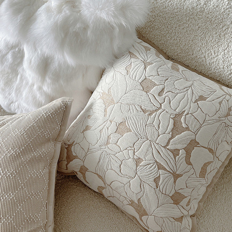 HKM-409043 French Magnolia Cushion Cover - Elegant 45x45cm Pillow Case in Champagne Embossed, Log Wind Rhombus, Cloud Texture, and White Fox Hair Designs