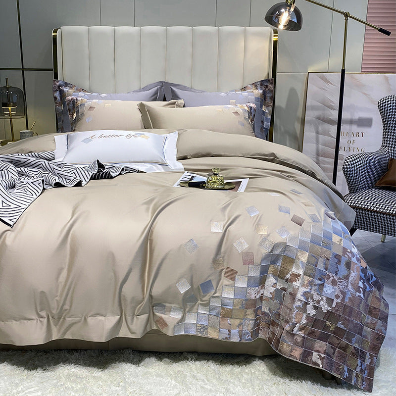 HKM-409299 Luxury Cotton Four-Piece Bedding Set with Geometric Pattern for 1.5-2m Beds