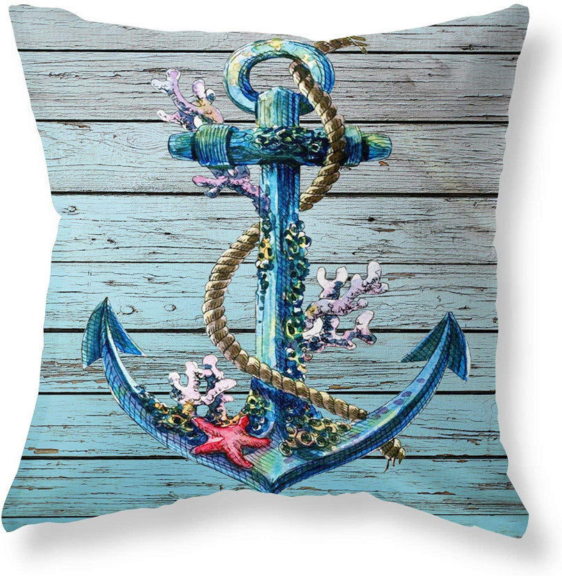 HKM-409363 Ocean Landscape Linen Pillowcase - 45x45cm Blue Cushion Cover for Bedroom Decor