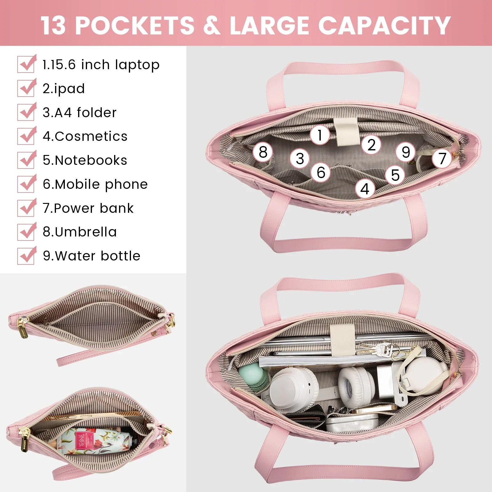 HKM-409363 Quilted Laptop Tote Bag Set with Clutch Purse and Stylish Shoulder Bags for Work or Travel