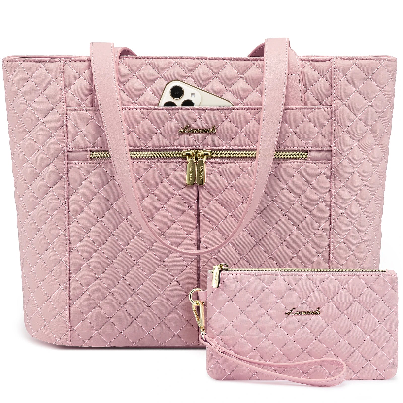 HKM-409363 Quilted Laptop Tote Bag Set with Clutch Purse and Stylish Shoulder Bags for Work or Travel