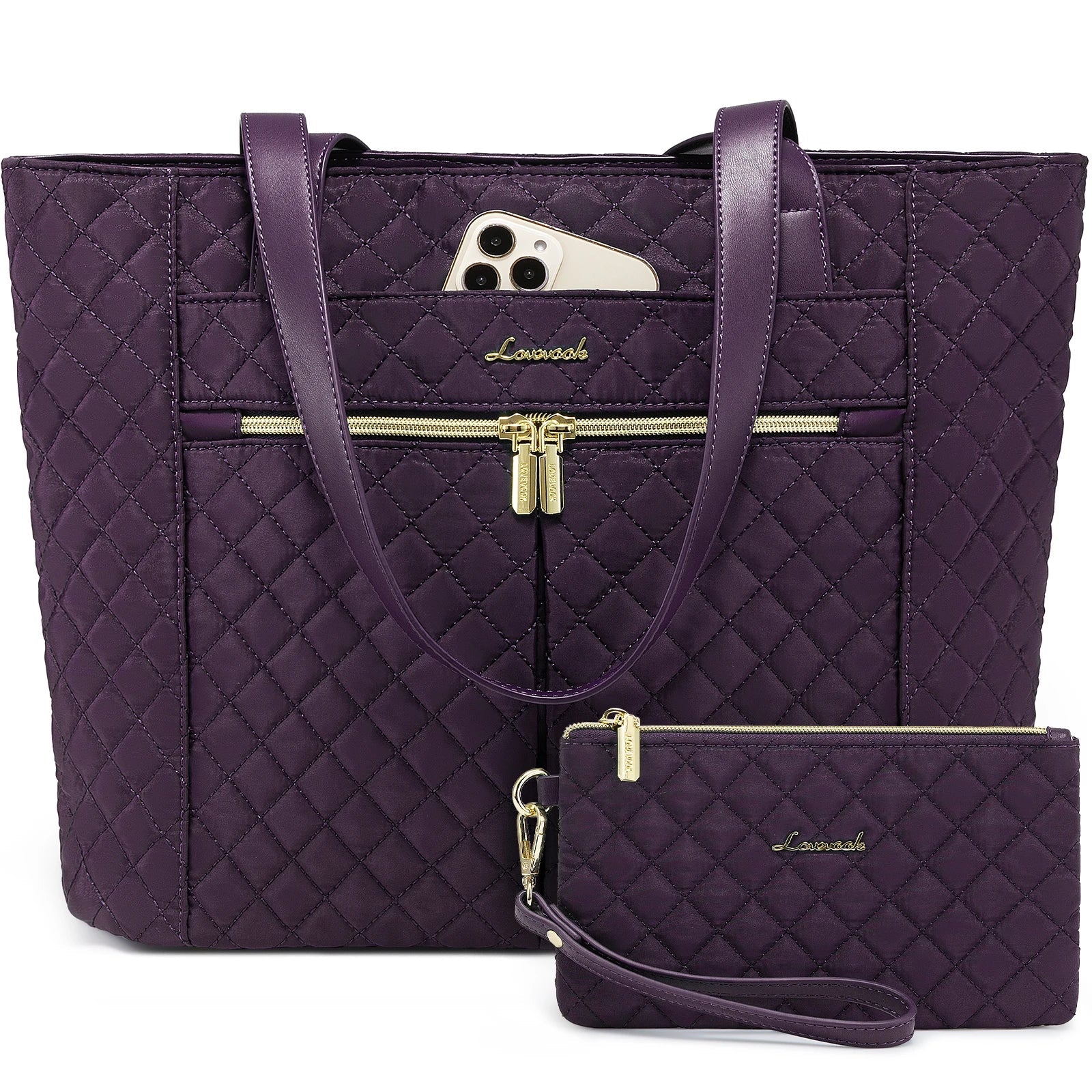 HKM-409363 Quilted Laptop Tote Bag Set with Clutch Purse and Stylish Shoulder Bags for Work or Travel