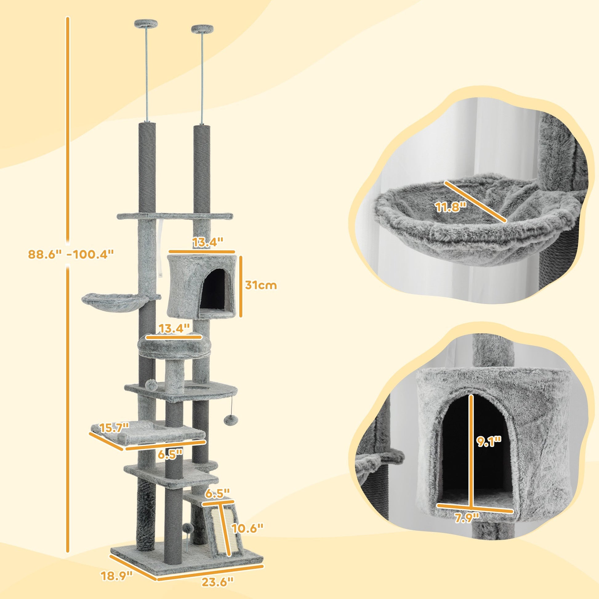 HKM-4094525 Floor-to-Ceiling Cat Tree Activity Center with Hammocks, Condo, and Perch - Gray