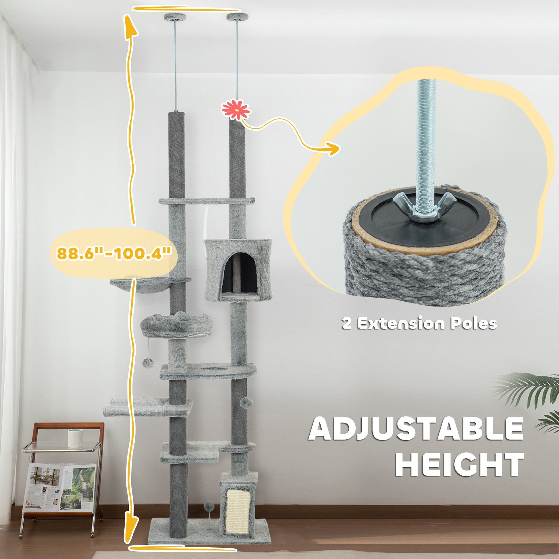HKM-4094525 Floor-to-Ceiling Cat Tree Activity Center with Hammocks, Condo, and Perch - Gray