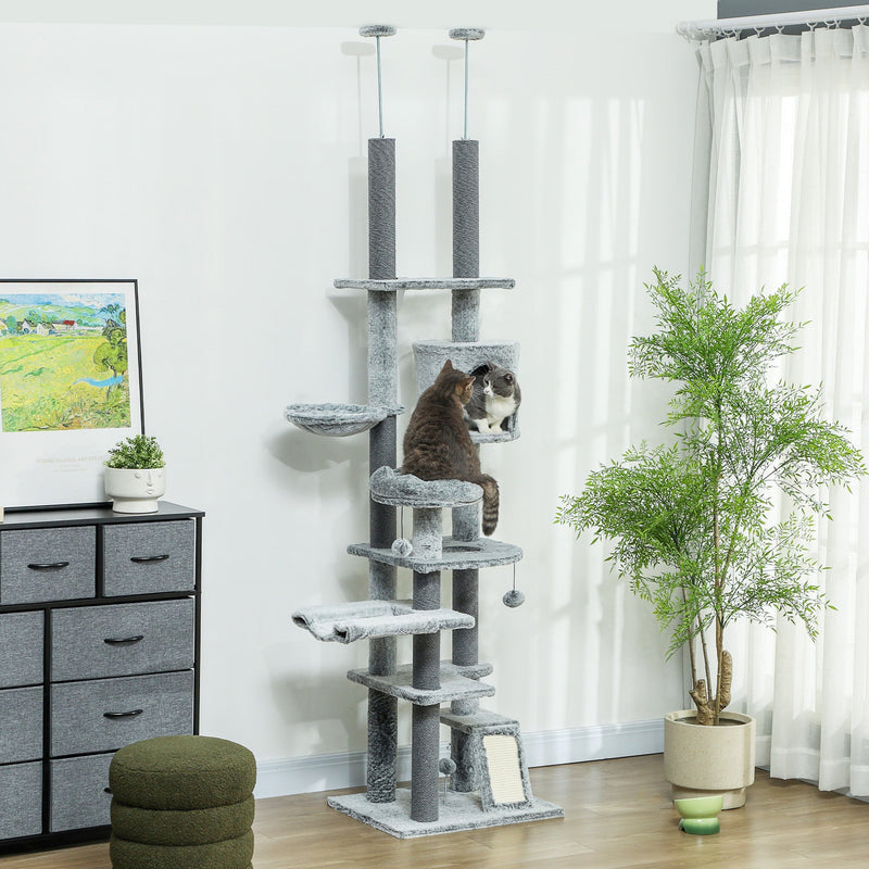 HKM-4094525 Floor-to-Ceiling Cat Tree Activity Center with Hammocks, Condo, and Perch - Gray