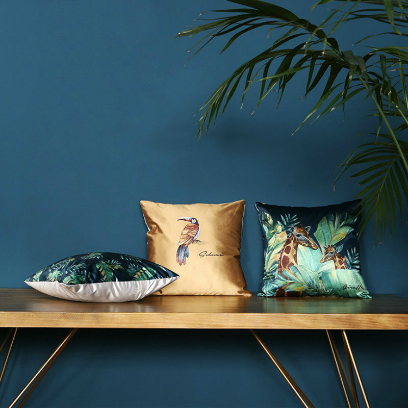 HKM-409875 Modern Tropical Bird and Leaf Print Satin Pillowcase