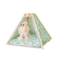 HKM-4101053 Cozy Multilayer Solid Wood Cat Bed with Soft PP Cotton Cushion - Green Alpaca