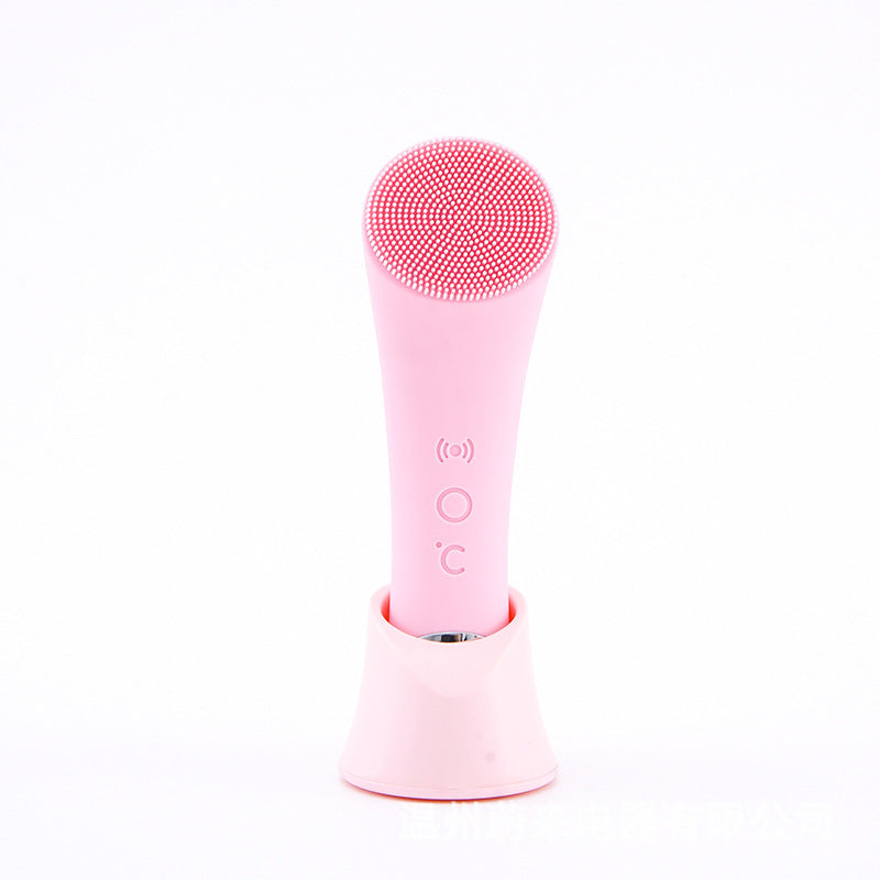 HKM-410387 Electric Pink Silicone Facial Cleansing Brush with Vibration and Heating Features