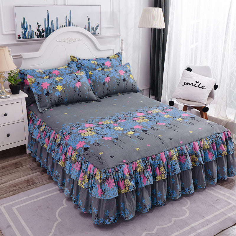 HKM-410451 Floral Patterned Korean Bed Skirt Set with Pillowcases in Purple, 120x200cm to 200x220cm Sizes