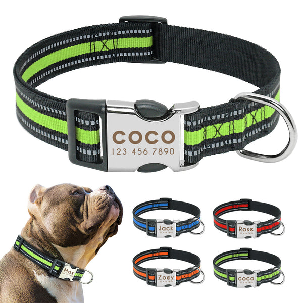 HKM-4104765 Custom Engraved Reflective Dog Collar Tag - Adjustable Nylon for Medium to Large Dogs