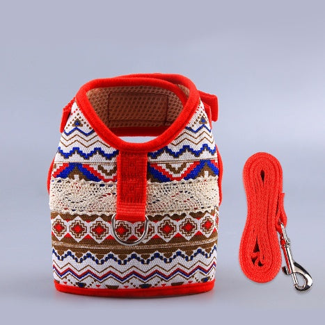 HKM-4105149 Ethnic Style Dog Leash and Chest Strap Suit - Nylon Material, Polka-Dot Design