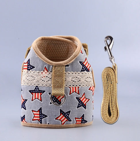 HKM-4105149 Ethnic Style Dog Leash and Chest Strap Suit - Nylon Material, Polka-Dot Design