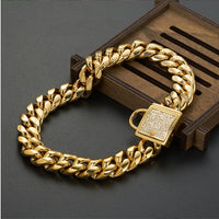 HKM-4108733 Gold Titanium Steel Dog Collar with Encryption Chain Buckle - Multiple Sizes Available