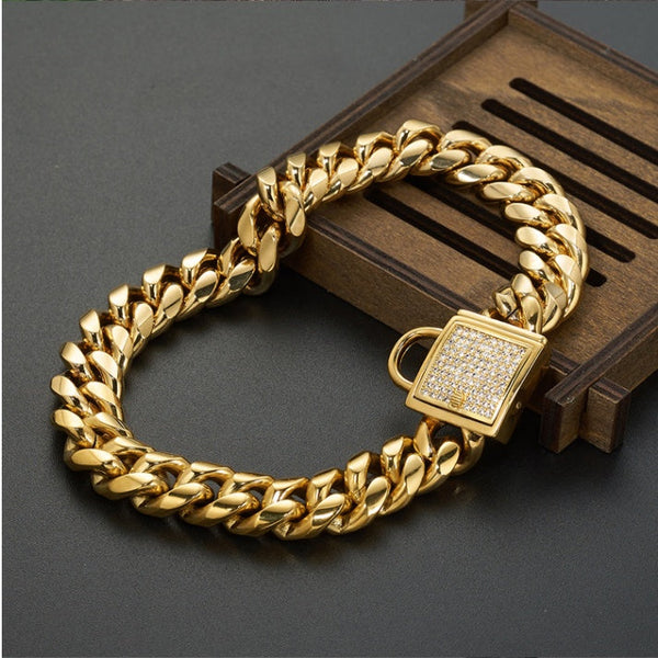 HKM-4108733 Gold Titanium Steel Dog Collar with Encryption Chain Buckle - Multiple Sizes Available