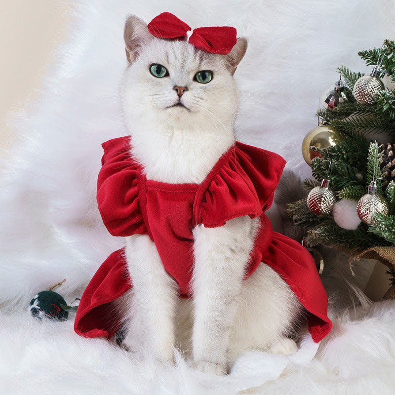 HKM-4113085 Silver Fox Velvet Dog Christmas Dress with Headdress Flower - Autumn & Winter Pet Clothing