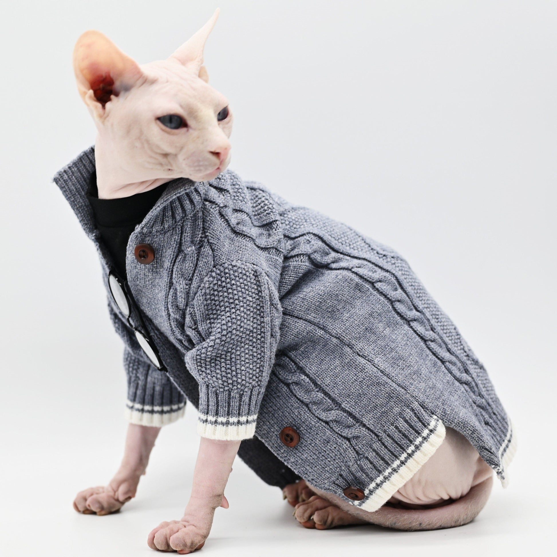 HKM-411539 Soft Cotton Knitted Cat Sweater in Gray for Hairless Cats, Size 2XL, XL, L, M, S