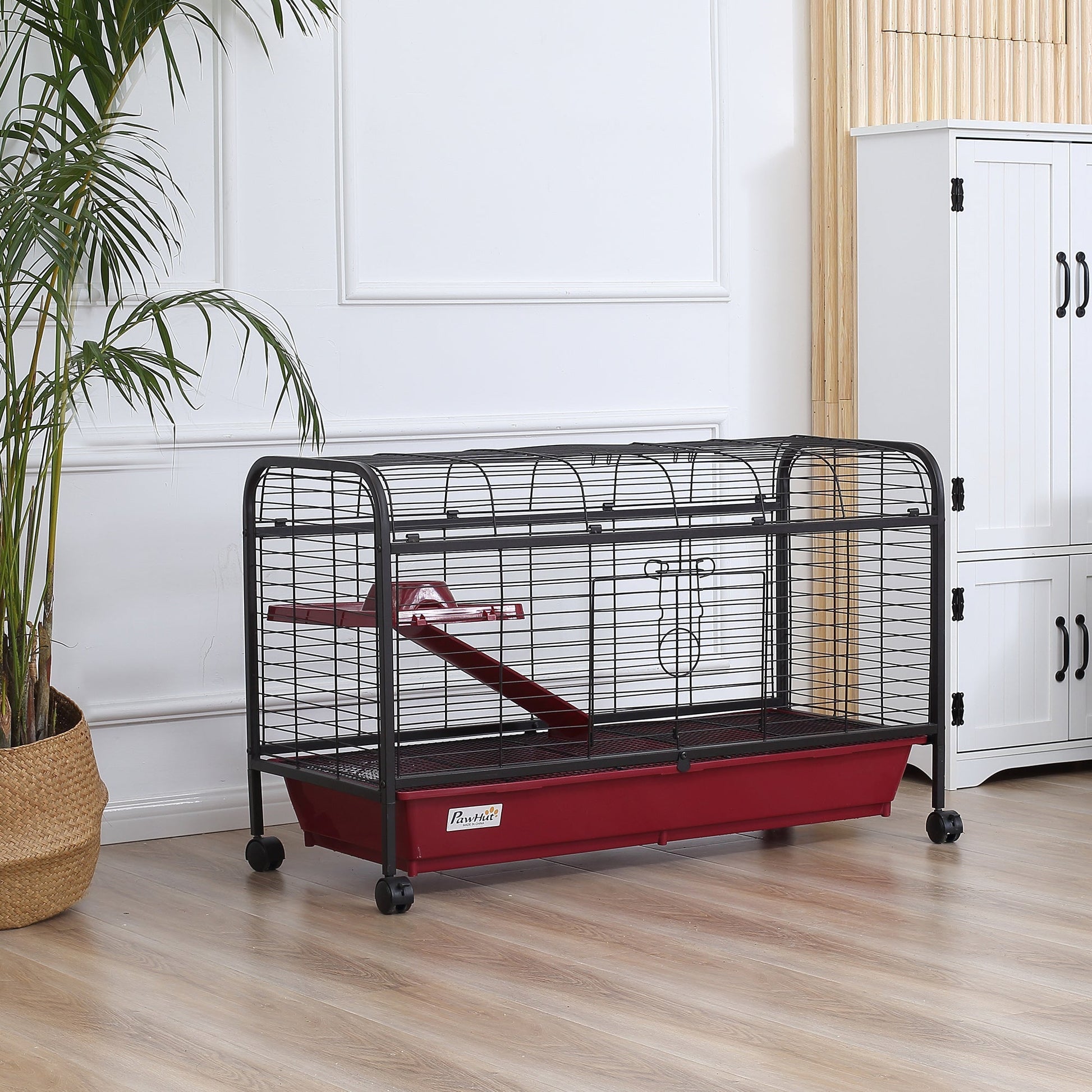 HKM-4116157 41" Small Animal Cage with Wheeled Stand, Ramp, Feeder, and Platform for Rabbits and Ferrets