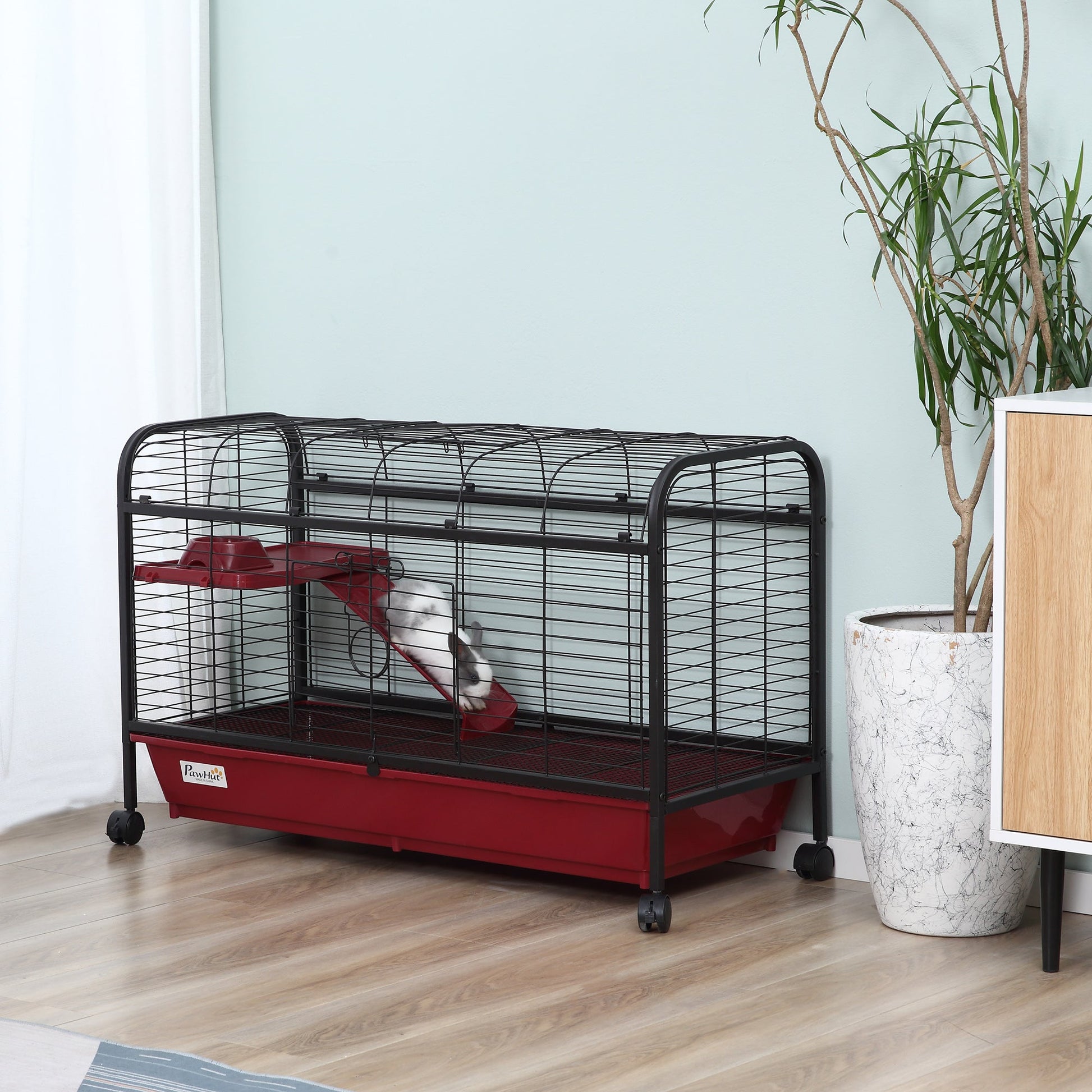 HKM-4116157 41" Small Animal Cage with Wheeled Stand, Ramp, Feeder, and Platform for Rabbits and Ferrets