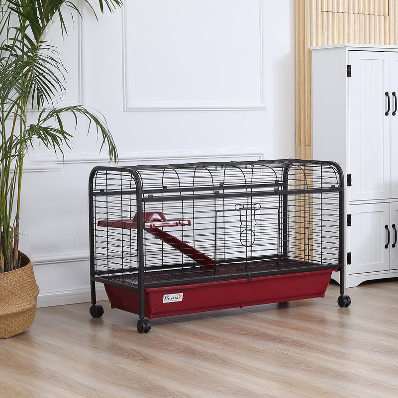 HKM-4116157 41" Small Animal Cage with Wheeled Stand, Ramp, Feeder, and Platform for Rabbits and Ferrets