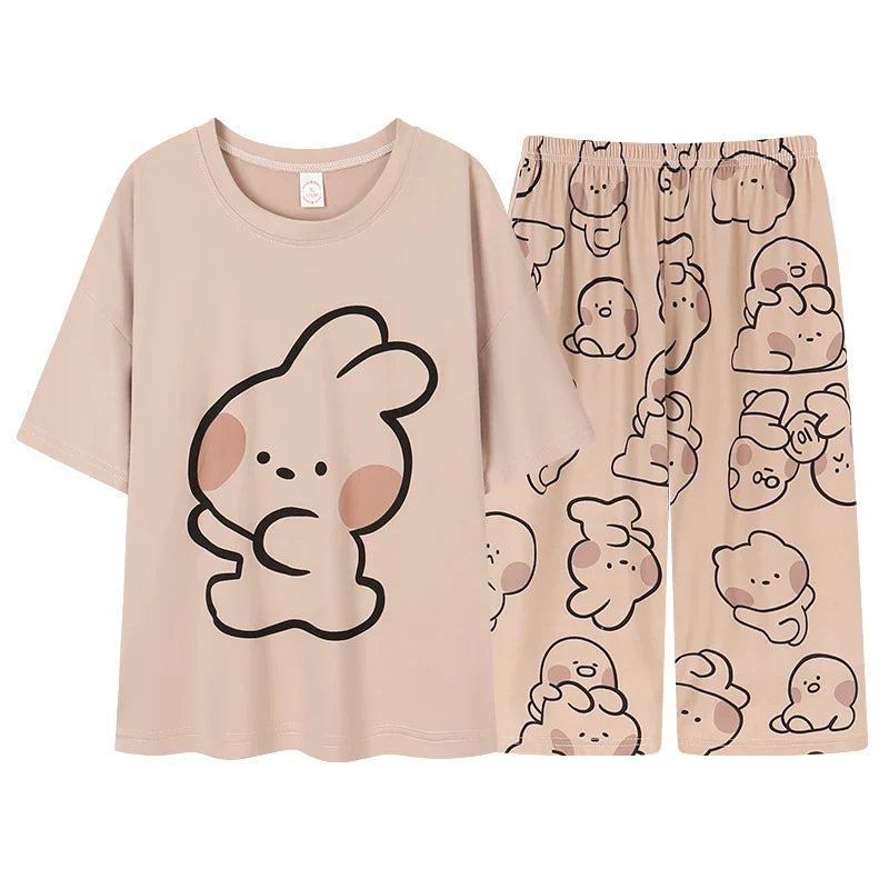 HKM-411667 Women's Pajama Set Short Sleeved and Cropped Pants Nighty With Pockets Sleepwear Cartoon Print Homewear