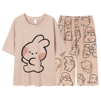 HKM-411667 Women's Pajama Set Short Sleeved and Cropped Pants Nighty With Pockets Sleepwear Cartoon Print Homewear