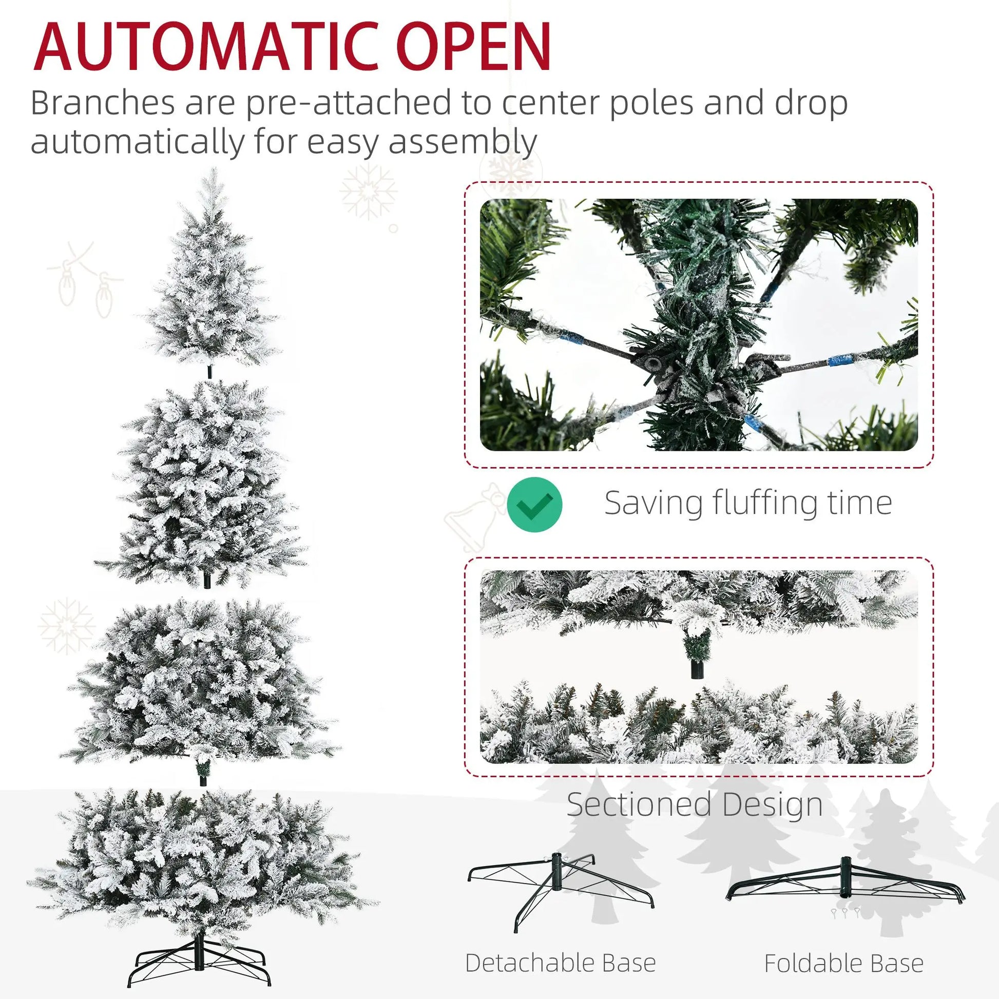 HKM-411731 9ft Snow-Flocked Artificial Christmas Tree with 616 Realistic Cedar Branches, Automatic Open, Green Downswept Design