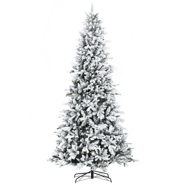HKM-411731 9ft Snow-Flocked Artificial Christmas Tree with 616 Realistic Cedar Branches, Automatic Open, Green Downswept Design