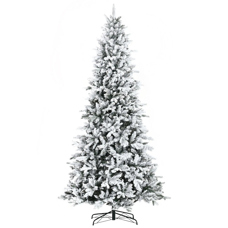 HKM-411731 9ft Snow-Flocked Artificial Christmas Tree with 616 Realistic Cedar Branches, Automatic Open, Green Downswept Design