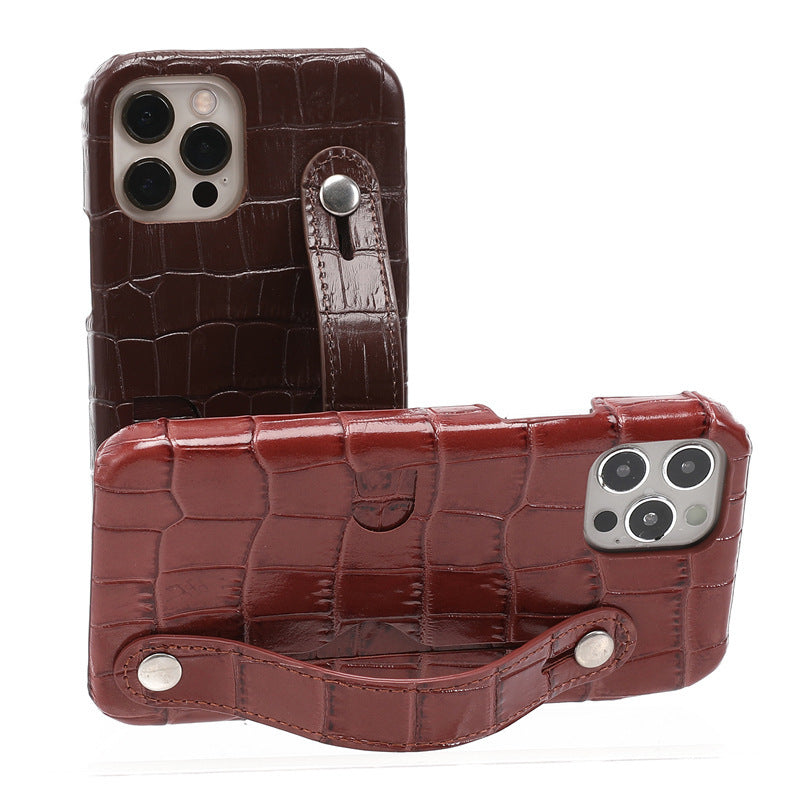 HKM-412371 Genuine Leather Wrist Strap Card Holder Phone Case for iPhone - Fashionable & Simple Design