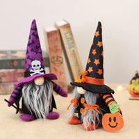 HKM-412563 Cartoon Forest Man Doll Broom Ornament in Orange and Purple for Halloween Décor