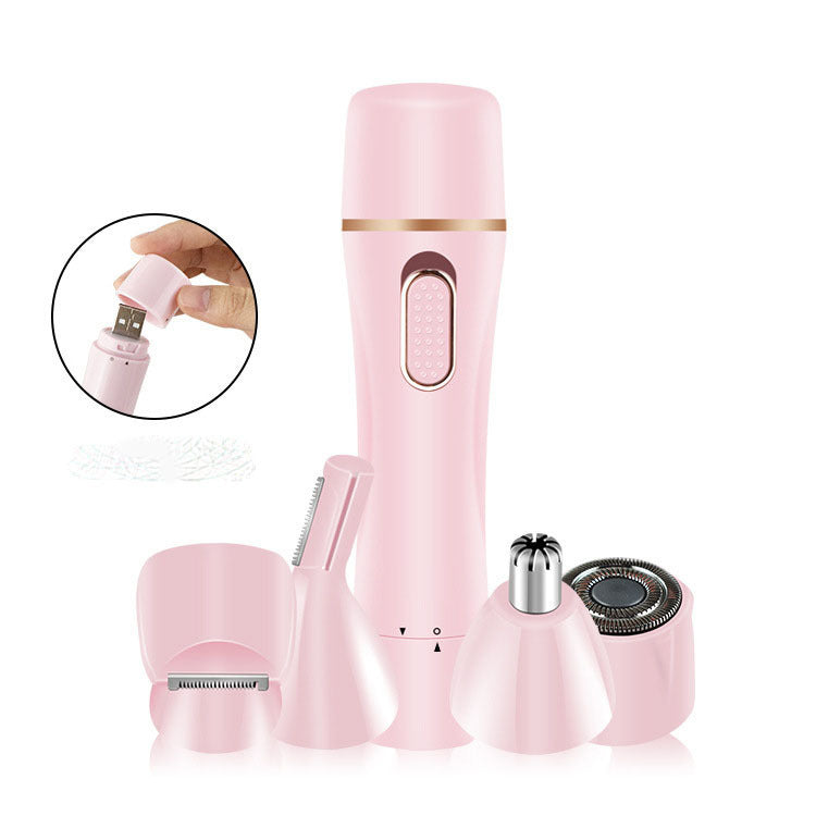 HKM-412691 4-In-1 Multifunctional Electric Epilator for Whole Body Hair Removal, USB Rechargeable, Pink, Includes 4 Cutter Heads, Cleaning Brush, and Manual