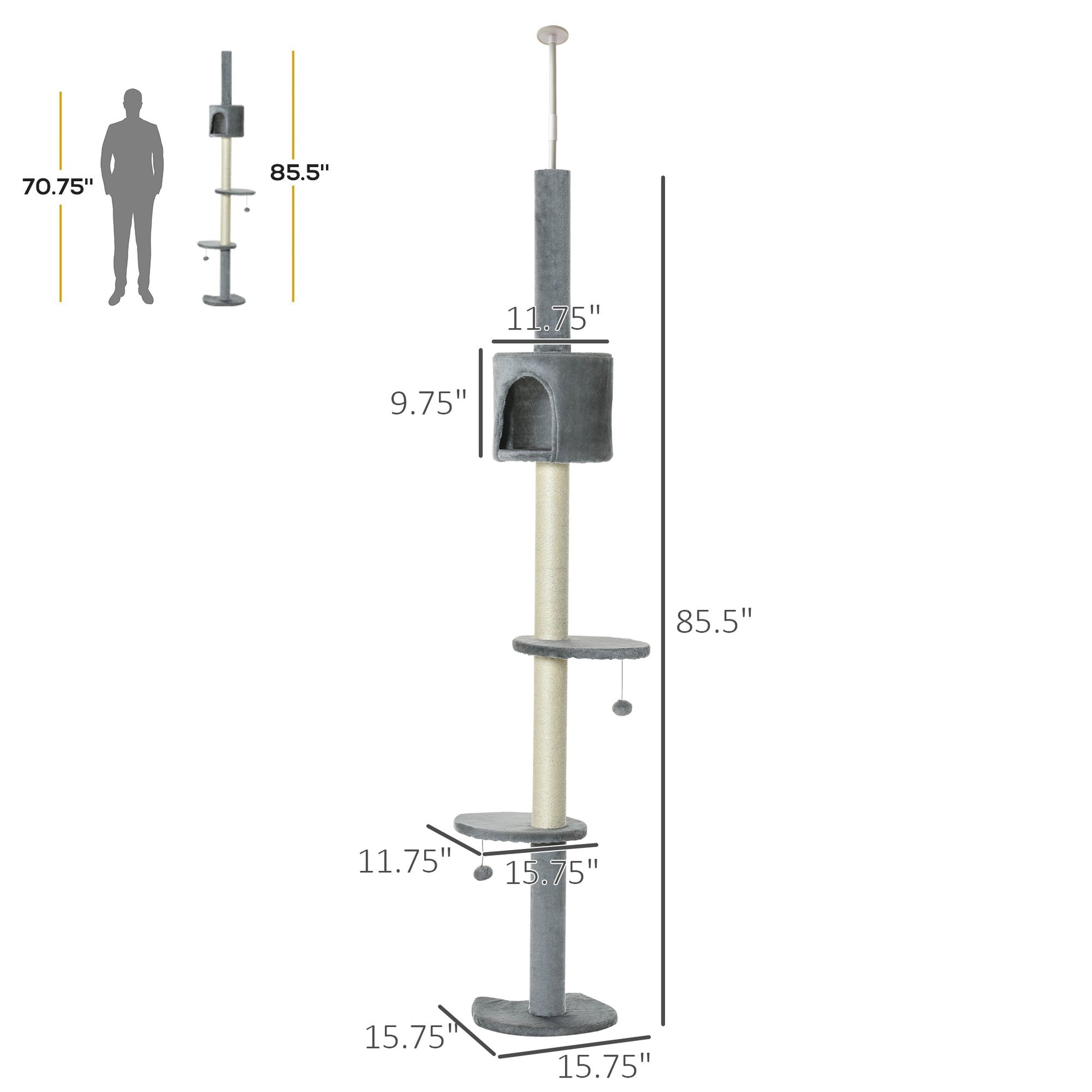 HKM-4127293 85.5" Adjustable Floor-to-Ceiling Cat Tree with 4-Tiers, Scratching Posts, Condo, and Toys in Light Grey