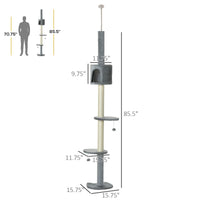 HKM-4127293 85.5" Adjustable Floor-to-Ceiling Cat Tree with 4-Tiers, Scratching Posts, Condo, and Toys in Light Grey