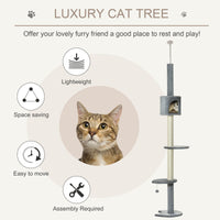 HKM-4127293 85.5" Adjustable Floor-to-Ceiling Cat Tree with 4-Tiers, Scratching Posts, Condo, and Toys in Light Grey