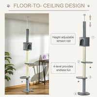 HKM-4127293 85.5" Adjustable Floor-to-Ceiling Cat Tree with 4-Tiers, Scratching Posts, Condo, and Toys in Light Grey