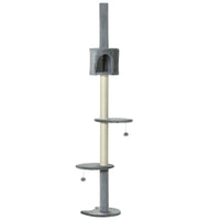 HKM-4127293 85.5" Adjustable Floor-to-Ceiling Cat Tree with 4-Tiers, Scratching Posts, Condo, and Toys in Light Grey