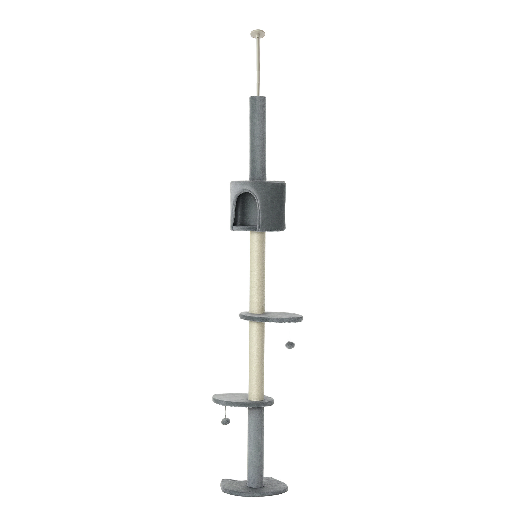 HKM-4127293 85.5" Adjustable Floor-to-Ceiling Cat Tree with 4-Tiers, Scratching Posts, Condo, and Toys in Light Grey