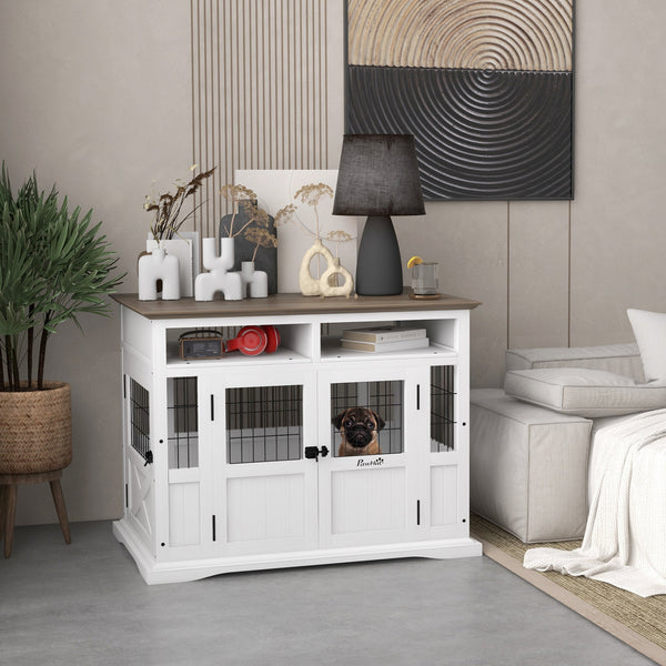 HKM-4127677 Versatile Dog Kennel End Table with Storage for Small and Medium Dogs, White Finish