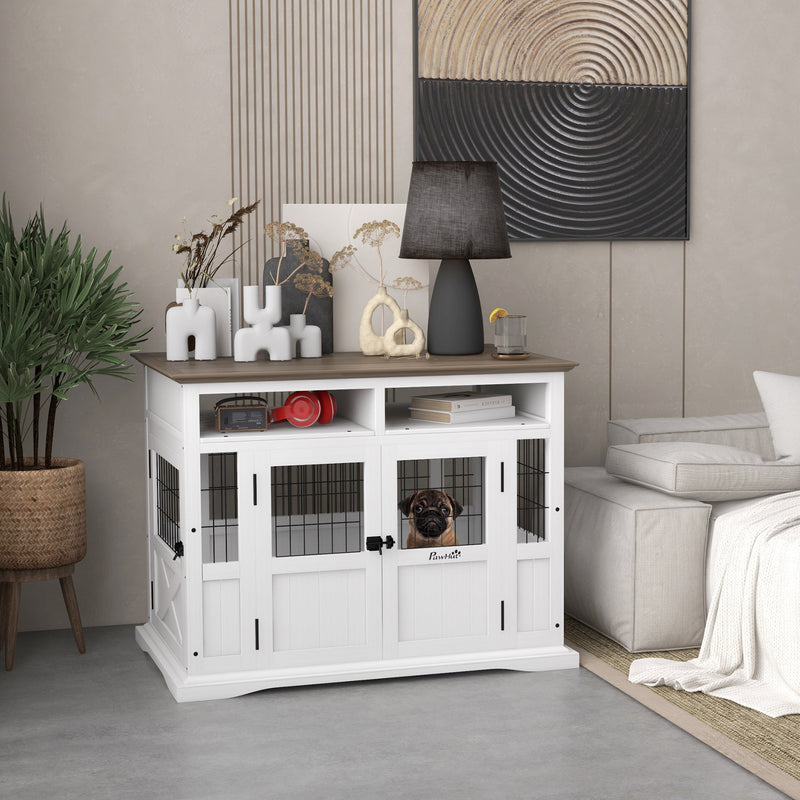 HKM-4127677 Versatile Dog Kennel End Table with Storage for Small and Medium Dogs, White Finish