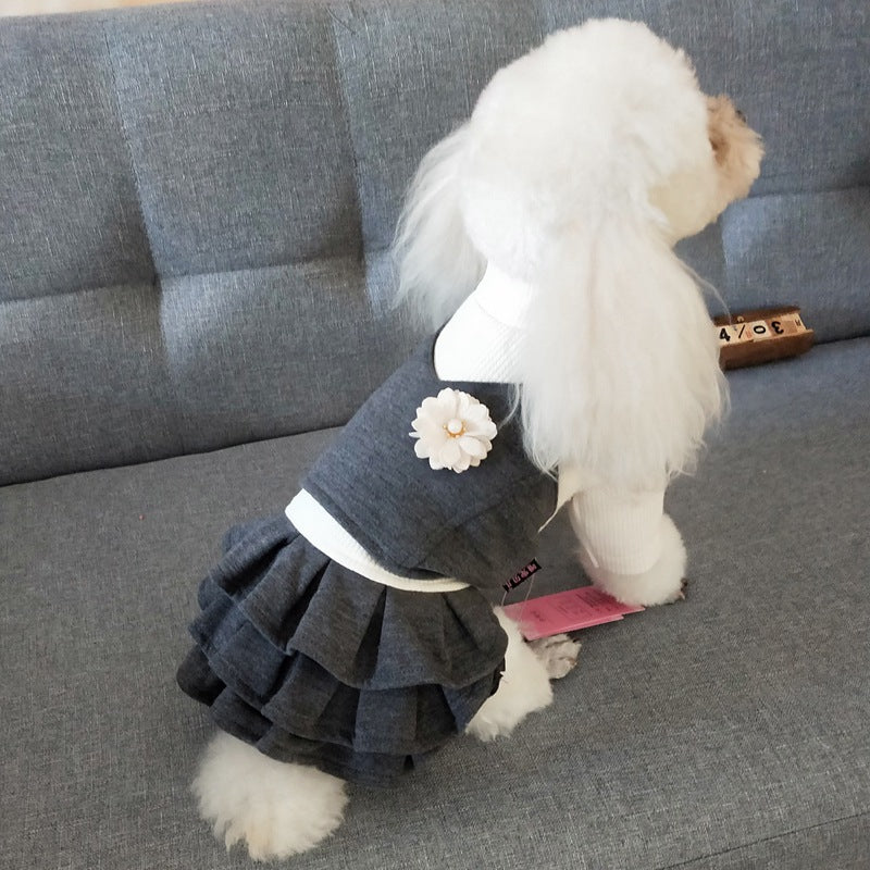 HKM-4130365 Korean Style Woolen Princess Dress for Female Dogs in Dark Gray and Camel