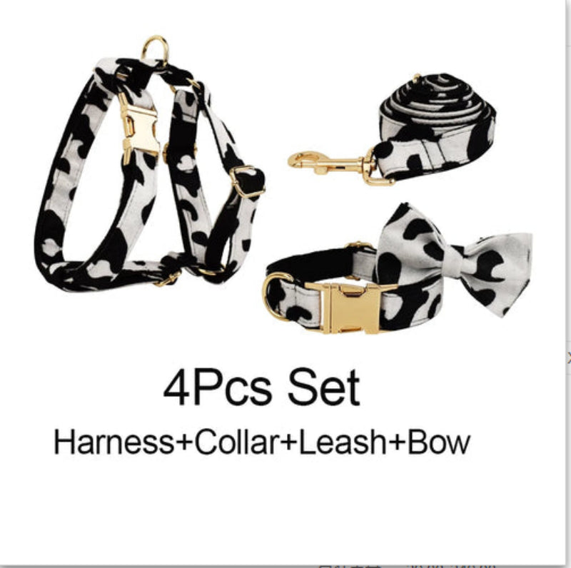HKM-4141501 Cows Print Dog Collar Bow and Vest Set with Leash and Waste Bag