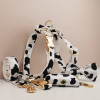 HKM-4141501 Cows Print Dog Collar Bow and Vest Set with Leash and Waste Bag