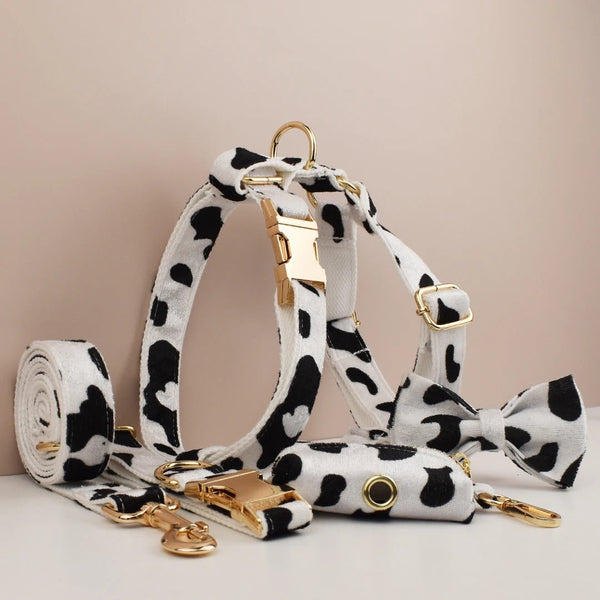 HKM-4141501 Cows Print Dog Collar Bow and Vest Set with Leash and Waste Bag