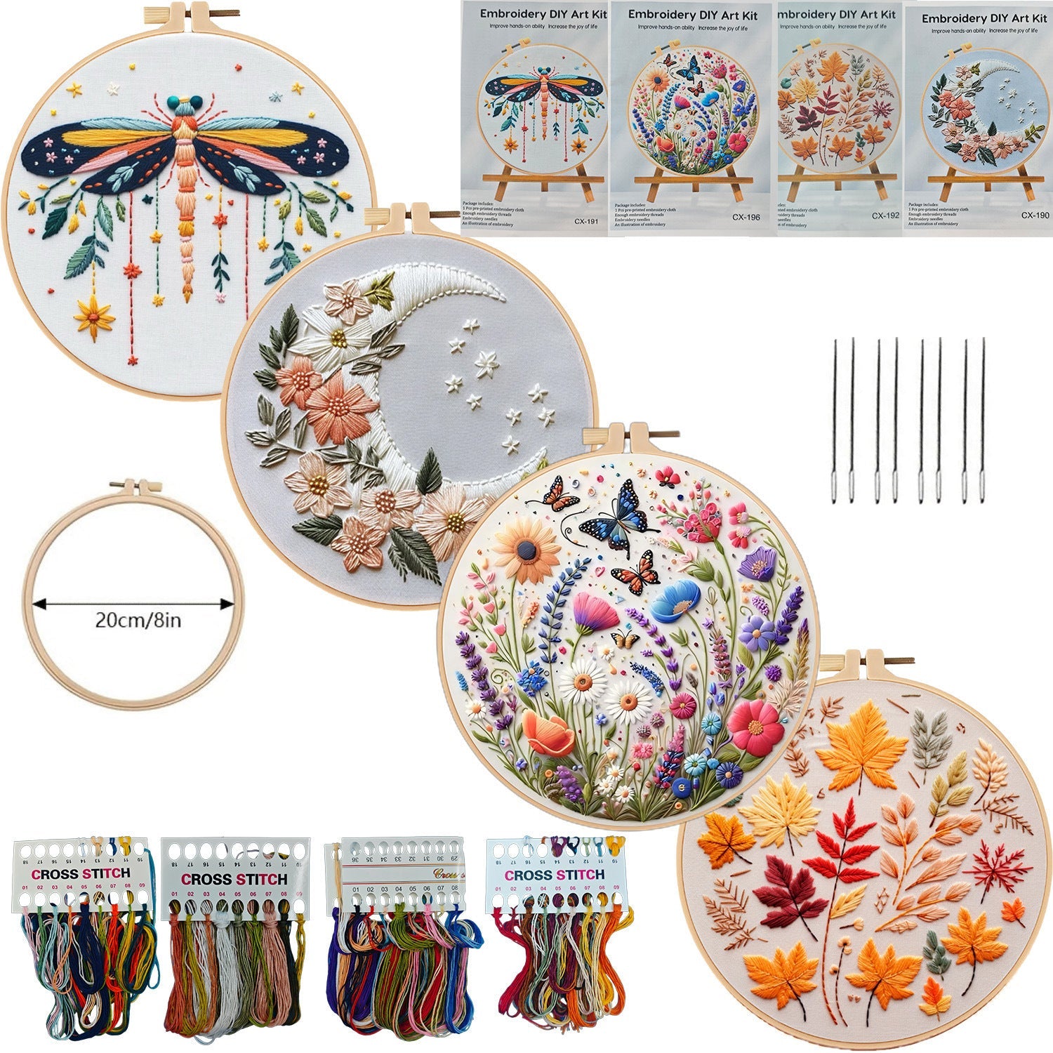 HKM-414419 Embroidery DIY Material Set with Silver Moon, Dragonfly, Autumn Leaves, and Butterfly Patterns